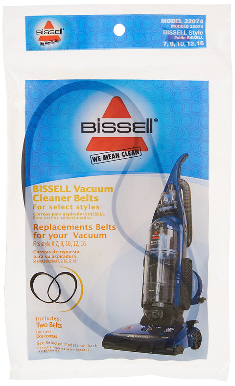Front view of BISSELL replacement vacuum belt package (2 belts) for models 7, 9, 10, 12, 16.