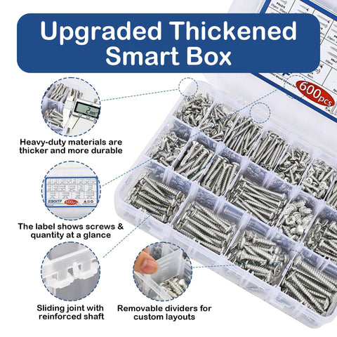 600-Piece Stainless Steel Wood Screws Set With 18 Sizes From 4 To 12, 3/8 Inch To 1-1/2 Inch, Phillips Pan And Flat Heads, Self-Tapping Coarse Threads, Assorted Wood Screws For DIY, Home Improvement, Cabinetry, And General Projects. Smart box with divided compartments