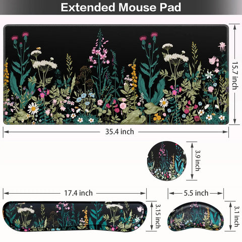 Huge 4-In-1 XXL Desk Pad Set With Wrist Rest, Gaming Mouse Pad, Keyboard Wrist Pad, Mouse Pad Wrist Support And Cup Coaster, Floral Ergonomic Desk Mat for Home Office, Gaming and Streaming Decor