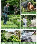 Collage showing Battery Powered Garden Sprayer 2 Gallon Electric Pump in use for lawn, garden, pet wash, disinfection, car cleaning
