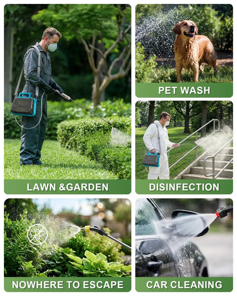 Collage showing Battery Powered Garden Sprayer 2 Gallon Electric Pump in use for lawn, garden, pet wash, disinfection, car cleaning