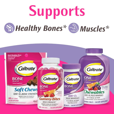 Caltrate bone health supplements including Soft Chews, Gummy Bites, and 600+D3 tablets for healthy bones and muscles support.