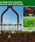 Manual Lawn Aerator Tool With 15 Iron Spikes And Adjustable Height Double Layer Spring for soil loosening shown in garden soil