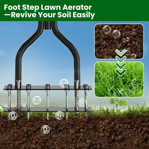 Manual Lawn Aerator Tool With 15 Iron Spikes And Adjustable Height Double Layer Spring for soil loosening shown in garden soil