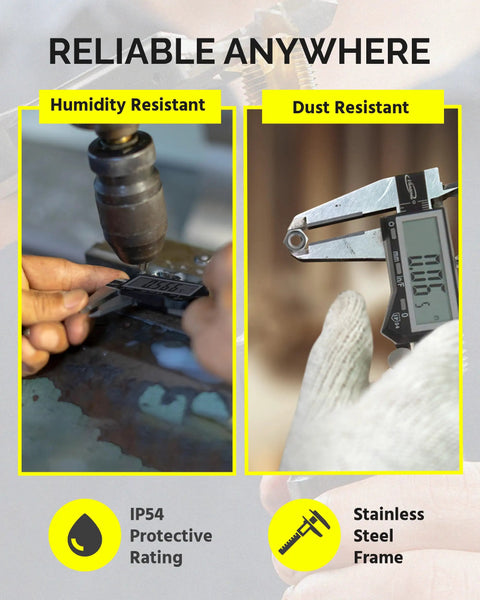 Big Read Digital Caliper 0 To 6 Inches with Inch Metric Fractions Display in shop use showing humidity and dust resistance features