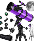 150mm Aperture Newtonian Reflector Telescope for Adults and Beginners with Equatorial Mount shown with accessories kit and moon