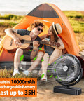 Couple enjoying outdoors with 10000mAh Battery Operated Camping Fan with LED Light and 7 Inch USB Fan Hanging Hook for Tent Car RV