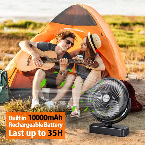 Couple enjoying outdoors with 10000mAh Battery Operated Camping Fan with LED Light and 7 Inch USB Fan Hanging Hook for Tent Car RV