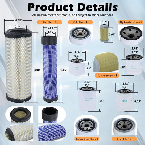 All-In-One Maintenance Filter Kit For L3301 HST And L3901 HST With D1803 Engine showing air, oil, hydraulic, fuel filters