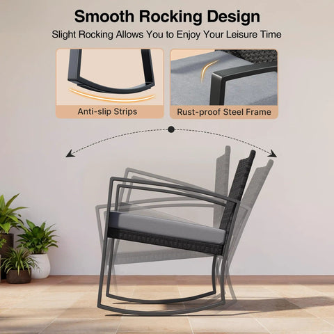 Three Piece Patio Furniture Set With Rocking Bistro Style Chill Outdoor Rattan Conversation Set showcasing rocking chair design.