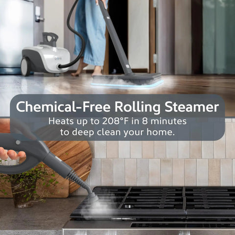 Straight Shooter Rolling Steam Cleaner With A Massive 1.5L Tank And 17 Nifty Attachments For Zero Chemical Deep Cleaning Floors Grout Windows And Cars Without The Hassle in use on hardwood floor.