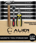 Magnetic Tool Strips Organizer 5 Pack With Sixty Inches Total Length PVC Sticker Coated Magnetic Rails For Tools displayed