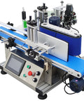 High Speed Automatic Round Bottle Labeling Machine With Desktop Conveyor Setup for precise labeling of cylindrical bottles.