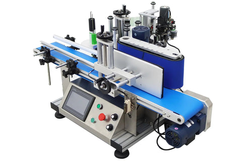 High Speed Automatic Round Bottle Labeling Machine With Desktop Conveyor Setup for precise labeling of cylindrical bottles.