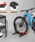 Red Bike Floor Stand For Garage Storage Portable Front And Rear Wheel Parking Rack Fits 24 To 29 Inch Bikes Tire Width Up To 3.5 Inches Road And Mountain Bicycle Stand With Secure Three Point Locking System showing adjustable design and non-slip feet.