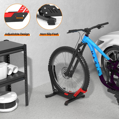 Red Bike Floor Stand For Garage Storage Portable Front And Rear Wheel Parking Rack Fits 24 To 29 Inch Bikes Tire Width Up To 3.5 Inches Road And Mountain Bicycle Stand With Secure Three Point Locking System showing adjustable design and non-slip feet.