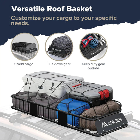Slim Roof Rack Cargo Basket 64x23x6 Inches with luggage and gear secured on car roof