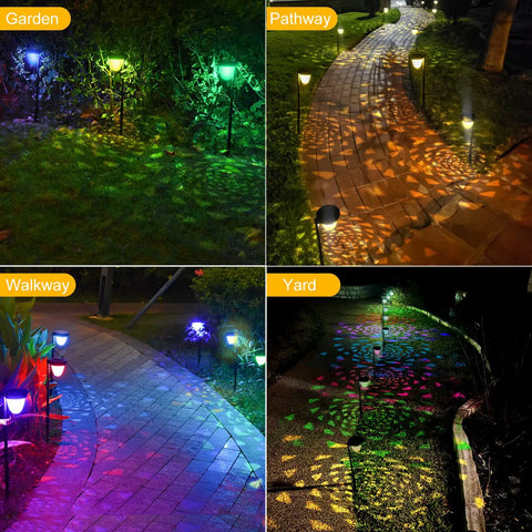 10 Pack Solar Pathway Lights Outdoor LED Garden Lights With Color Changing And Warm White Modes Waterproof Decorative Path Lights illuminating garden, pathway, walkway, and yard at night.