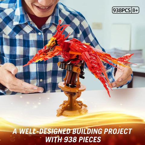 Fire Phoenix Building Set Compatible With Lego STEM Style Magic Phoenix Model For Adults And Fans Ages 8 And Up 938 Pieces Educational Bird Toy Gift For Kids Boys And Girls, red 938-piece brick phoenix on stand