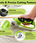 Heavy Duty Cordless Electric Scissors With 4V Rechargeable Battery for safe cutting, featuring a safety lock and LED light.
