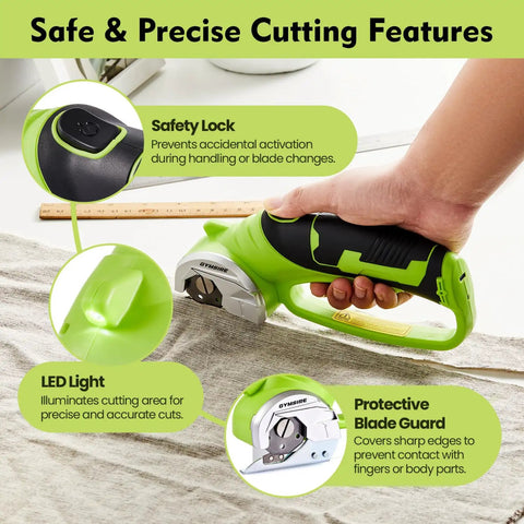 Heavy Duty Cordless Electric Scissors With 4V Rechargeable Battery for safe cutting, featuring a safety lock and LED light.