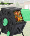 17-gallon black outdoor compost bin with green lid, filled with organic waste for composting in a lawn setting.