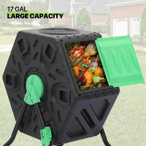 17-gallon black outdoor compost bin with green lid, filled with organic waste for composting in a lawn setting.