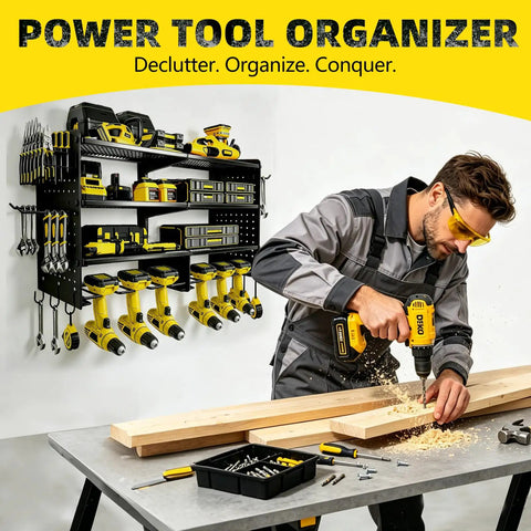 Heavy Duty Tool Wall Mount Organizer Four Tier Steel Rack With Drill Tools Holder And Hooks 400 Lbs Capacity in use