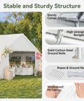 20x40 Foot Party Tent Canopy With Waterproof Top Removable Sidewalls Roll Up Door And Heavy Duty Steel Frame For Outdoor Weddings BBQs Birthday Parties And Camping White showcasing structure features and setup components.