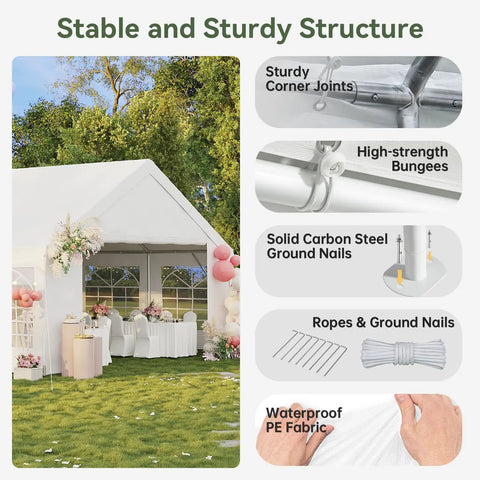 20x40 Foot Party Tent Canopy With Waterproof Top Removable Sidewalls Roll Up Door And Heavy Duty Steel Frame For Outdoor Weddings BBQs Birthday Parties And Camping White showcasing structure features and setup components.