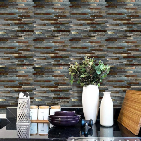 Peel And Stick Backsplash Tiles 10 Sheet Set PVC Metal Look Self Adhesive For Kitchen And Bathroom Walls Easy DIY No Fuss Grey And Silver Finish No Grout Required installed in kitchen setting