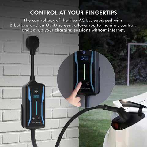 Level 2 EV Charger, Plug-And-Play Portable, control box with OLED display showing adjustable settings, NEMA outlets visible