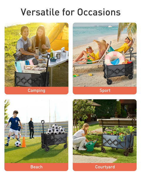 Foldable All Terrain Wagon With Heavy Duty Wheels Hauls Groceries And Gear For Camping Beach And Shopping 330 Lbs Capacity Utility Cart Easy Collapsible Durable Steel Frame Black in various outdoor settings.