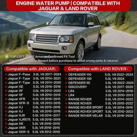 Premium Water Pump Kit Fits Land Rover And Jaguar 3.0L SC V6 Plus 5.0L V8 Supercharged Engines image in front of scenic landscape.