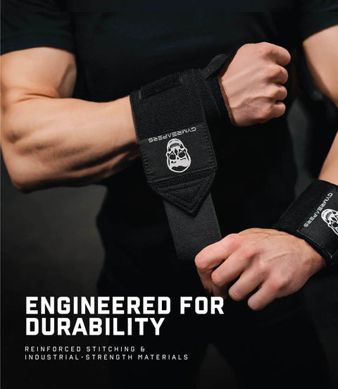Man wearing Competition Grade 18 Inch Weightlifting Wrist Wraps With Heavy Duty Thumb Loop For Powerlifting And Strength Training Built For Pros