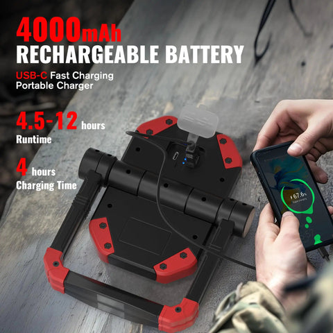 Hands using 2Pack Rechargeable LED Work Light With Magnetic Bases, 2500LM 6500K Cool White, USB charging, on a wooden surface.
