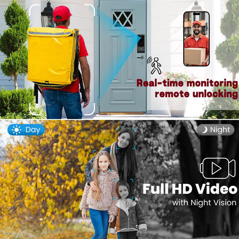 Front door with 6 In 1 Keyless Entry Smart Lock With Camera And Doorbell, showing real-time monitoring and night vision.