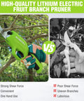 Comparison of cordless electric pruning shears 7.2V battery powered pruner and manual pruner, showing ease of use in garden.