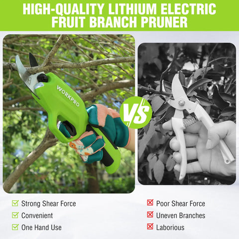 Comparison of cordless electric pruning shears 7.2V battery powered pruner and manual pruner, showing ease of use in garden.