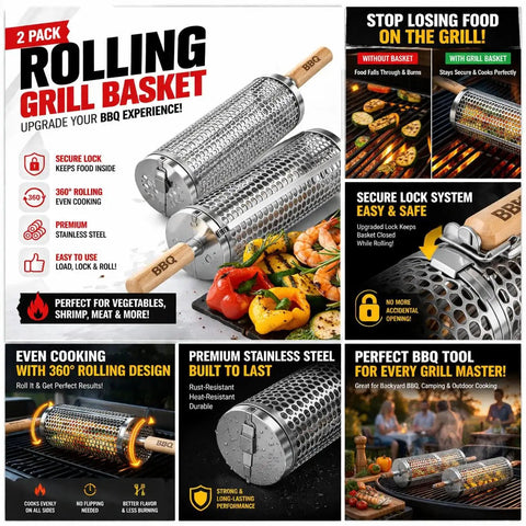 Nesting Stainless Steel Grill Basket Set 2 Pieces For Veggies Shrimp Fish And Meat with rolling BBQ grilling accessories.