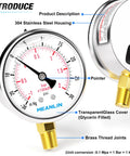 Front view of MEANLIN MEASURE vacuum/pressure gauge, 2.5-inch dial, stainless steel housing with 1/4" NPT brass fitting