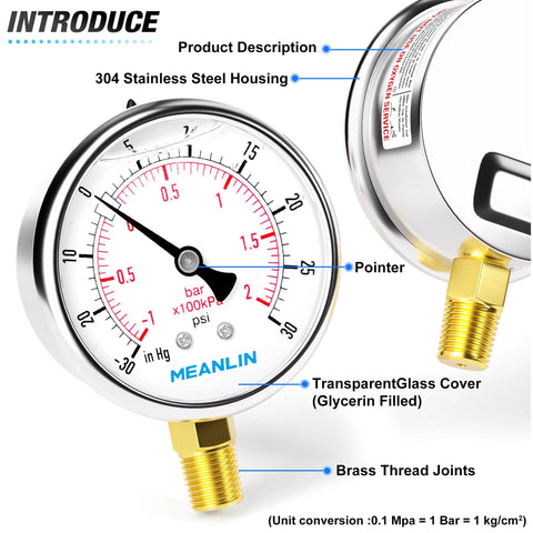 Front view of MEANLIN MEASURE vacuum/pressure gauge, 2.5-inch dial, stainless steel housing with 1/4" NPT brass fitting