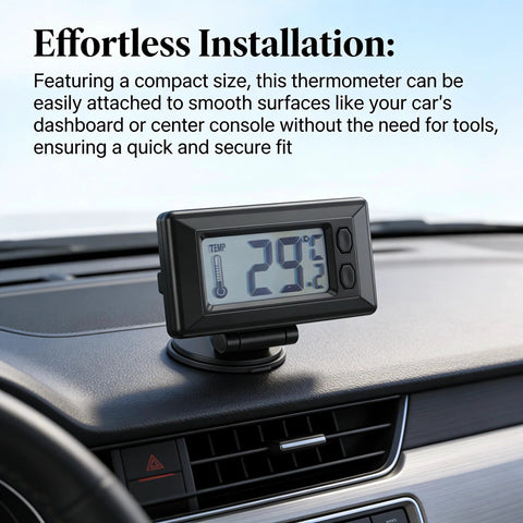 Riloer mini car digital thermometer, black plastic body with LCD display mounted on dashboard