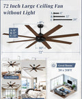 72 Inch Black Ceiling Fan No Light With Remote, 6 Speeds, Quiet Reversible DC Motor, Industrial Style illustrated with dimensions