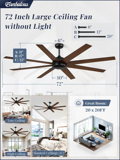 72 Inch Black Ceiling Fan No Light With Remote, 6 Speeds, Quiet Reversible DC Motor, Industrial Style illustrated with dimensions