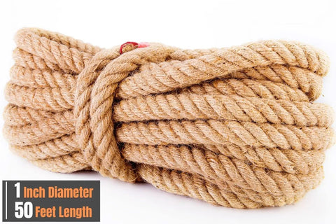 Beefy 1 Inch Natural Fiber Rope Twisted 4 Strand Heavy Duty Manila Style Jute Hemp For Garden Landscaping Deck Railing And Outdoor Decor 50 Ft Long Durable Rustic Twine For DIY Projects, coiled rope
