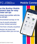 Mobile phone displaying Brother Mobile Connect app with features for MFC-J1360DW printer setup and ink management.