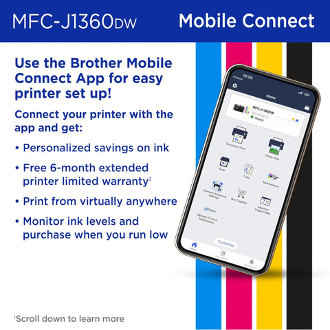 Mobile phone displaying Brother Mobile Connect app with features for MFC-J1360DW printer setup and ink management.