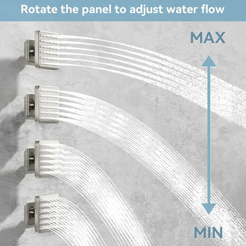 Square Brass Shower Body Spray Jets 2.63 Inch Square Shower Head With 24 Nozzles Hydro Massage Spa Jets Wall Mount NPT 1/2 Inch Brushed Nickel Finish showing water flow adjustment from min to max