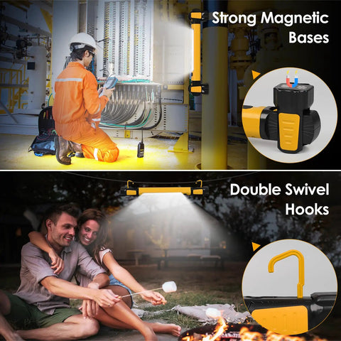 Beast Mode 2500LM COB LED Work Light With 5200mAh Rechargeable Battery used in outdoor and industrial settings showing magnetic base and hooks.